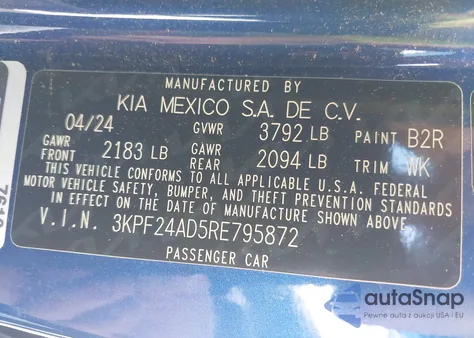 2024 Kia Forte Lxs из США, поврежденный, VIN 3KPF24AD5RE795872